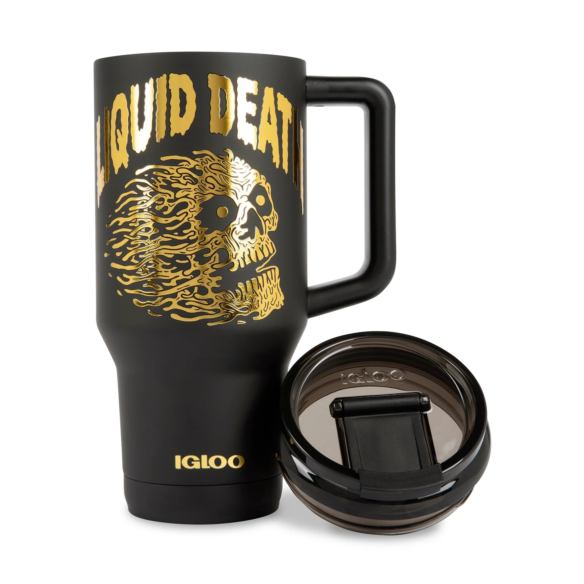 Liquid Death x Igloo Cold-Blooded Travel Mug — Black/Gold — lid off