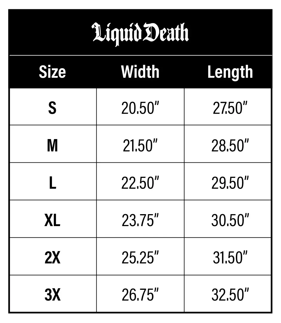 Liquid Death Dead Ball Coaches Jacket size chart