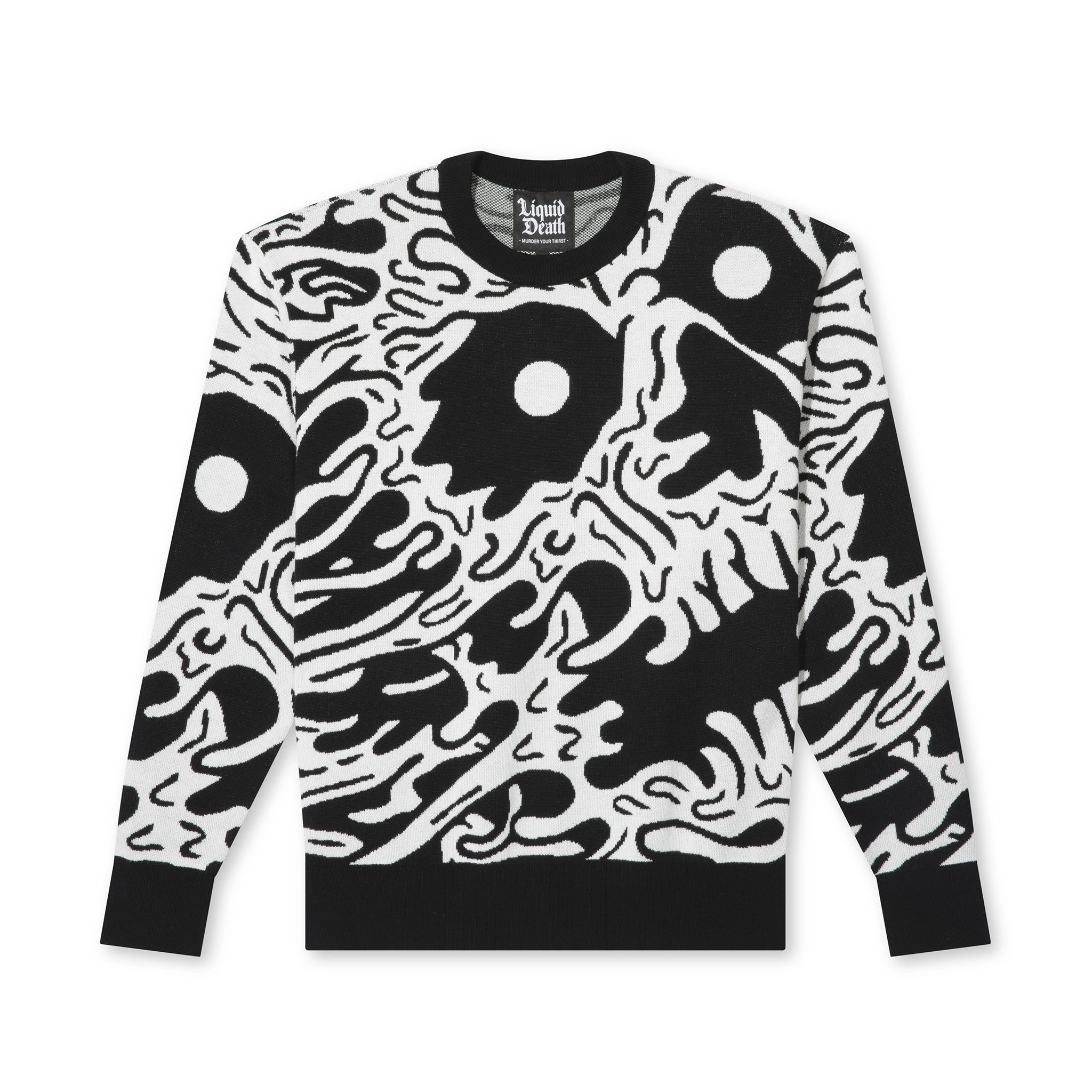 Front view of the black and white Face of Death jacquard sweater
