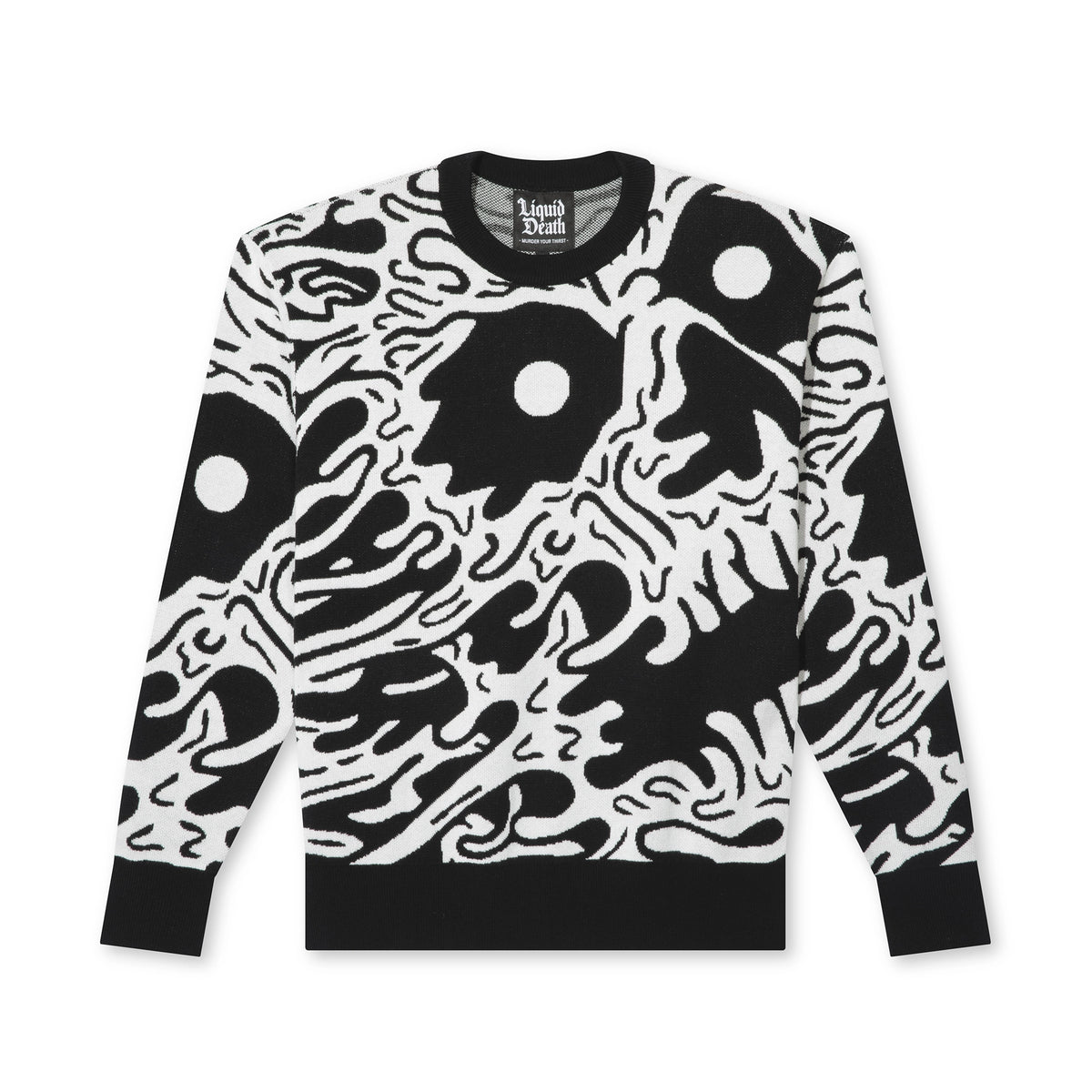Front view of the black and white Face of Death jacquard sweater