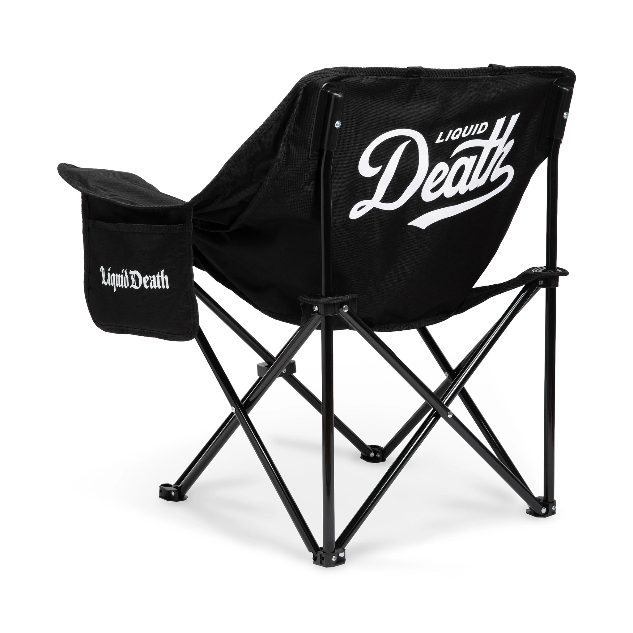Black folding chair with 'Liquid Death' text on a white background