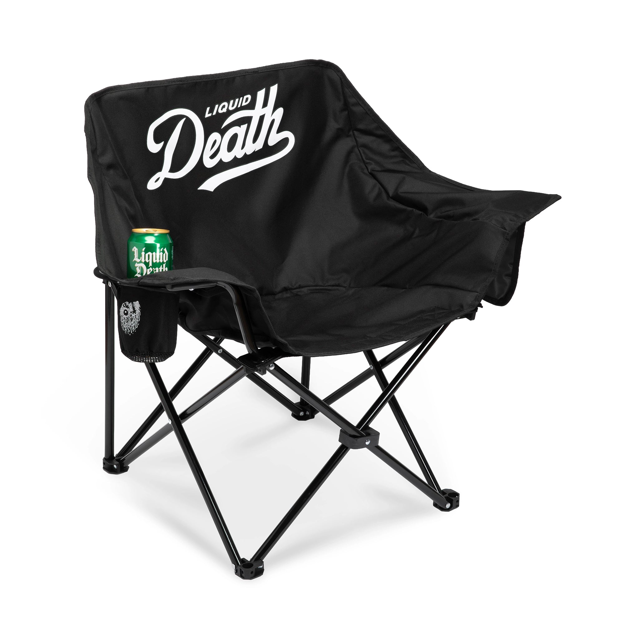 Black folding chair with 'Liquid Death' branding on a white background
