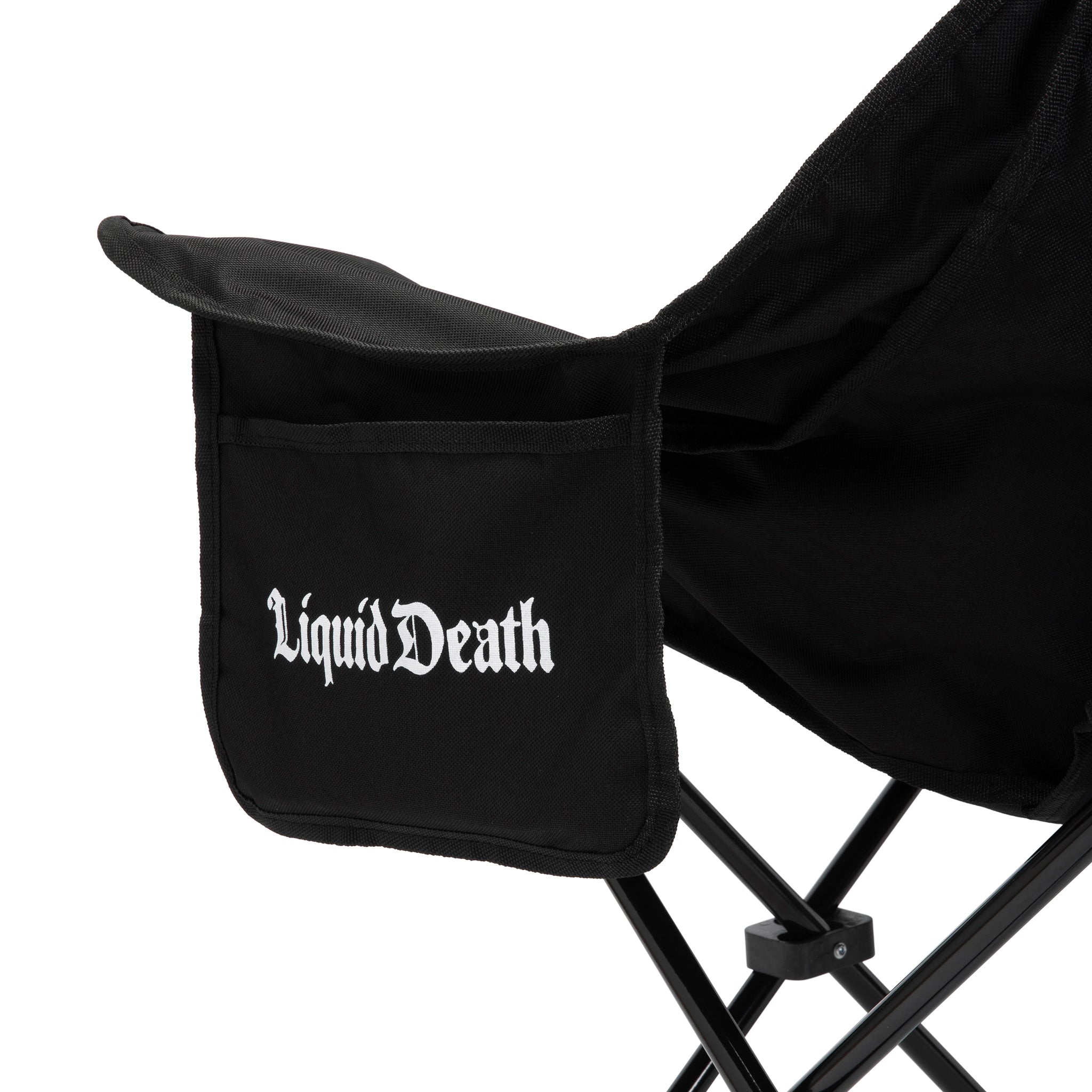 Black folding chair with 'Liquid Death' logo on a white background