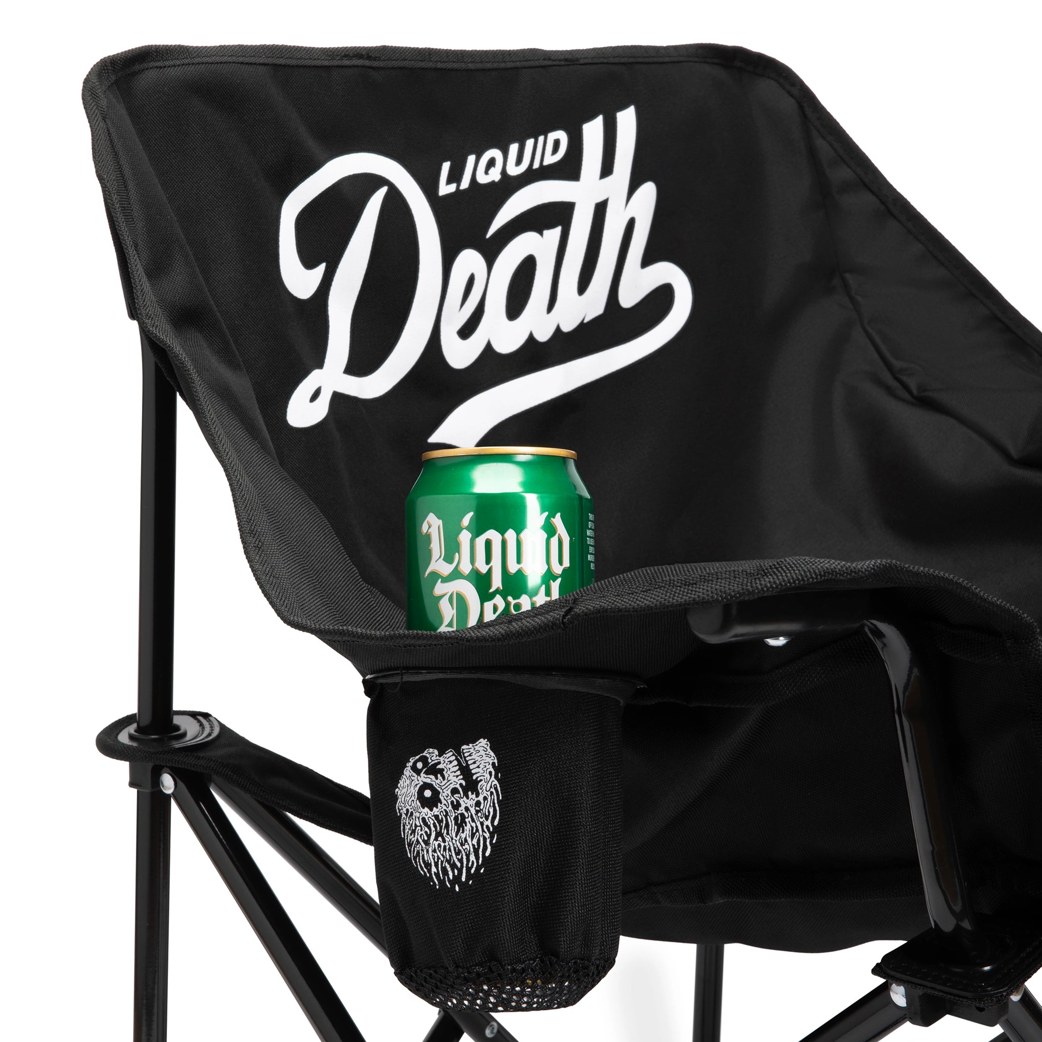 Black folding chair with 'Liquid Death' branding and a can of the product on a white background