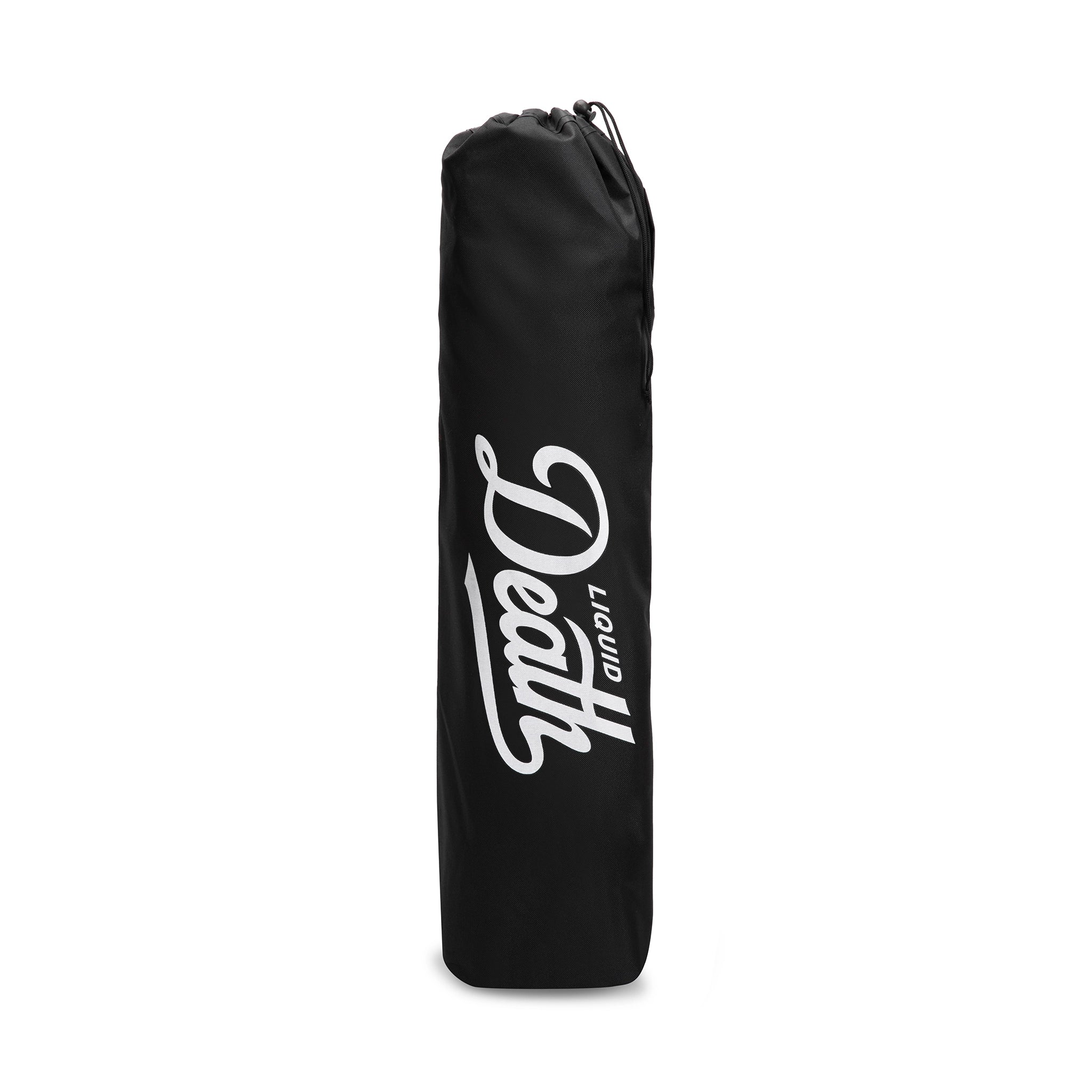 Black drawstring bag with a white logo on a white background