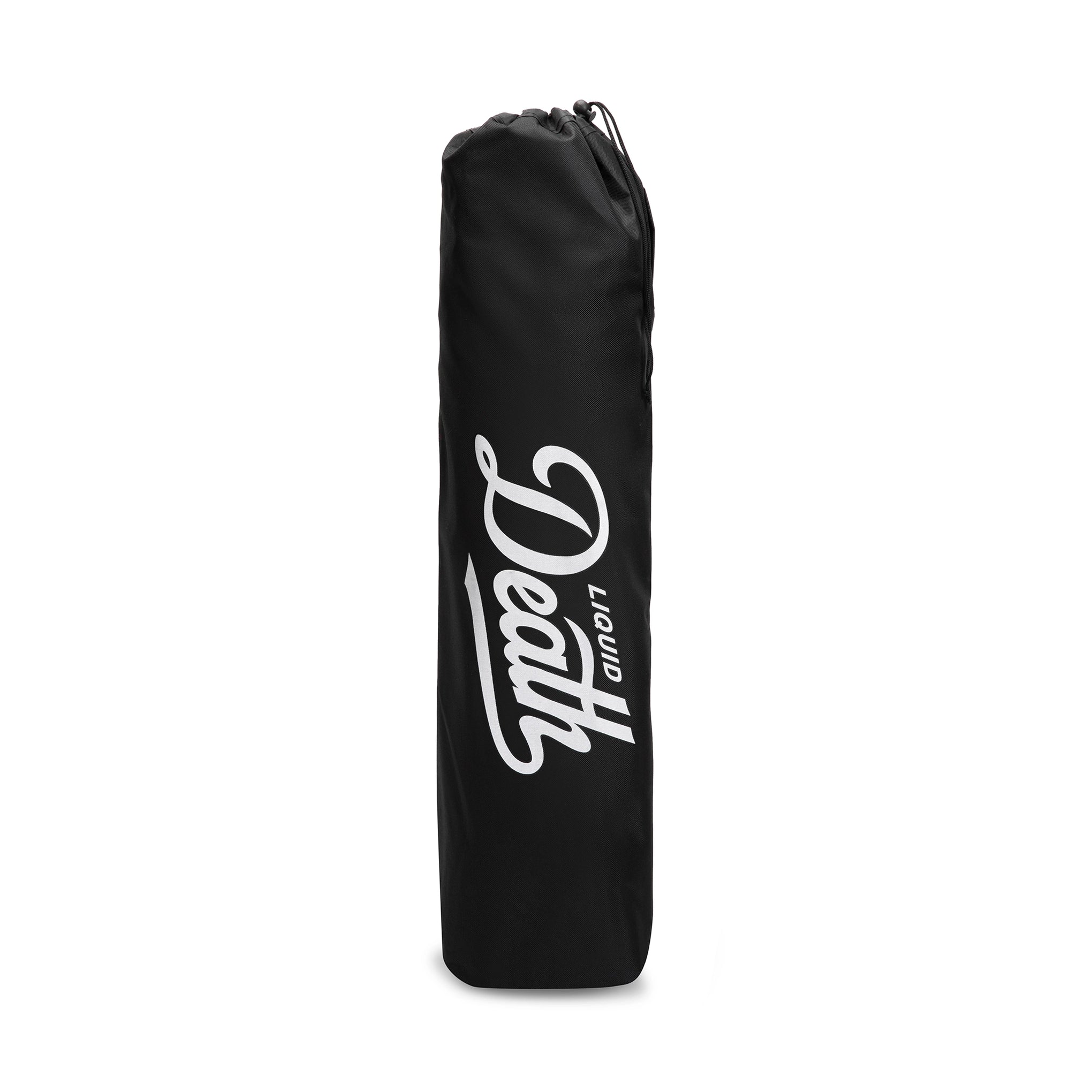 Black drawstring bag with a white logo on a white background