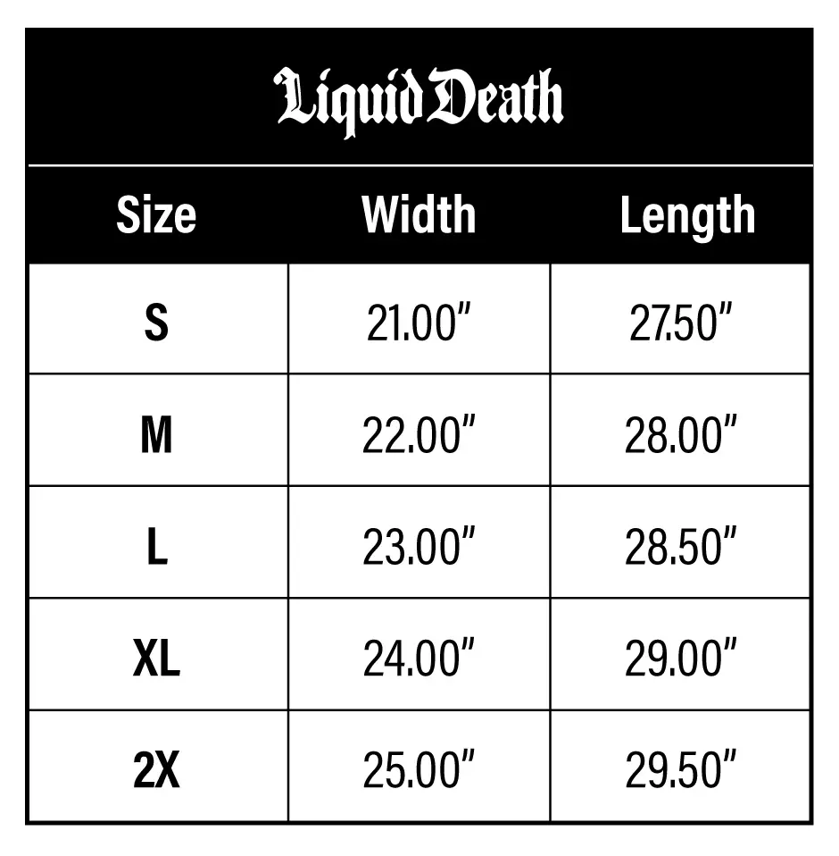 Liquid Death Hacksuit Jacket size chart