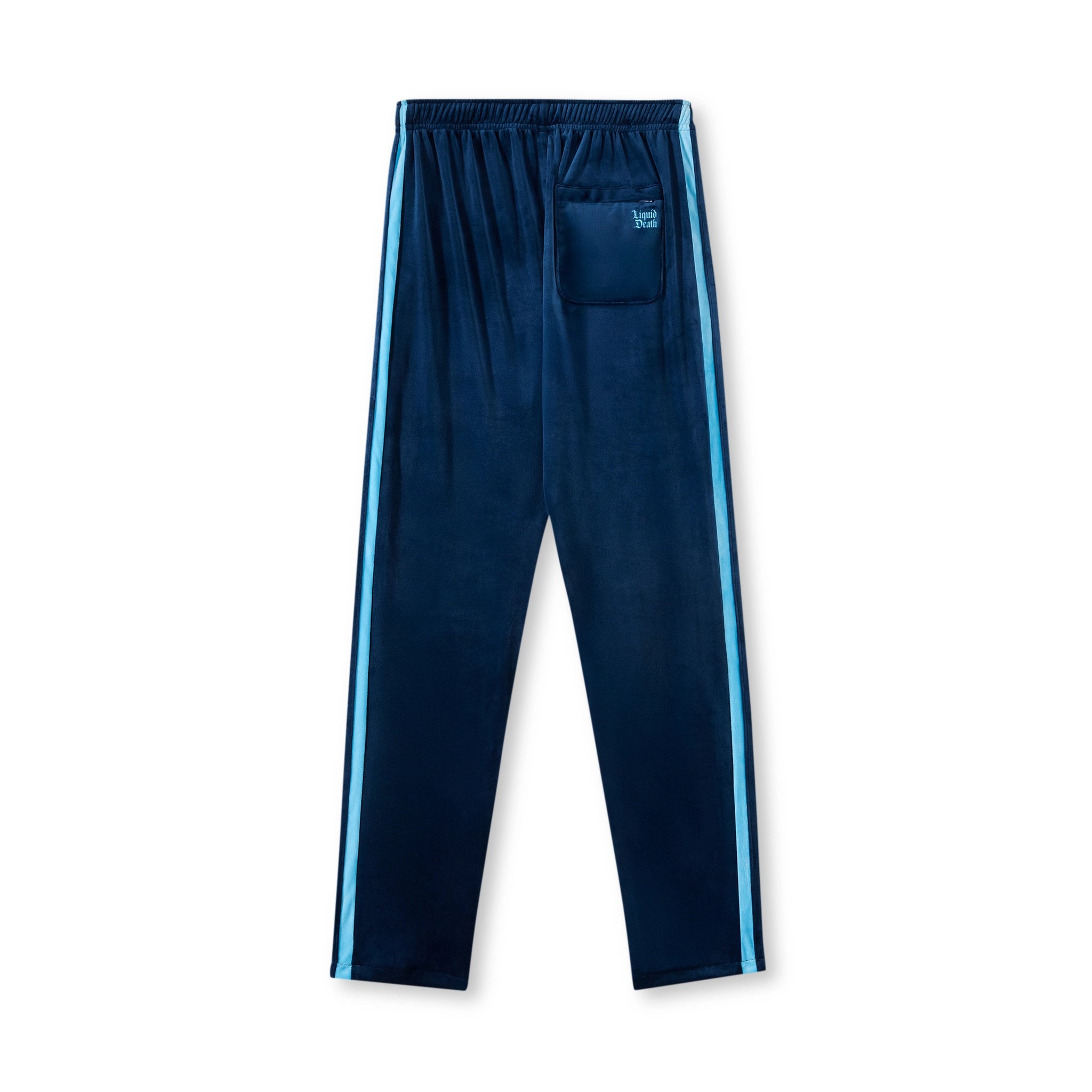 Navy blue pants with light blue stripes on a white background