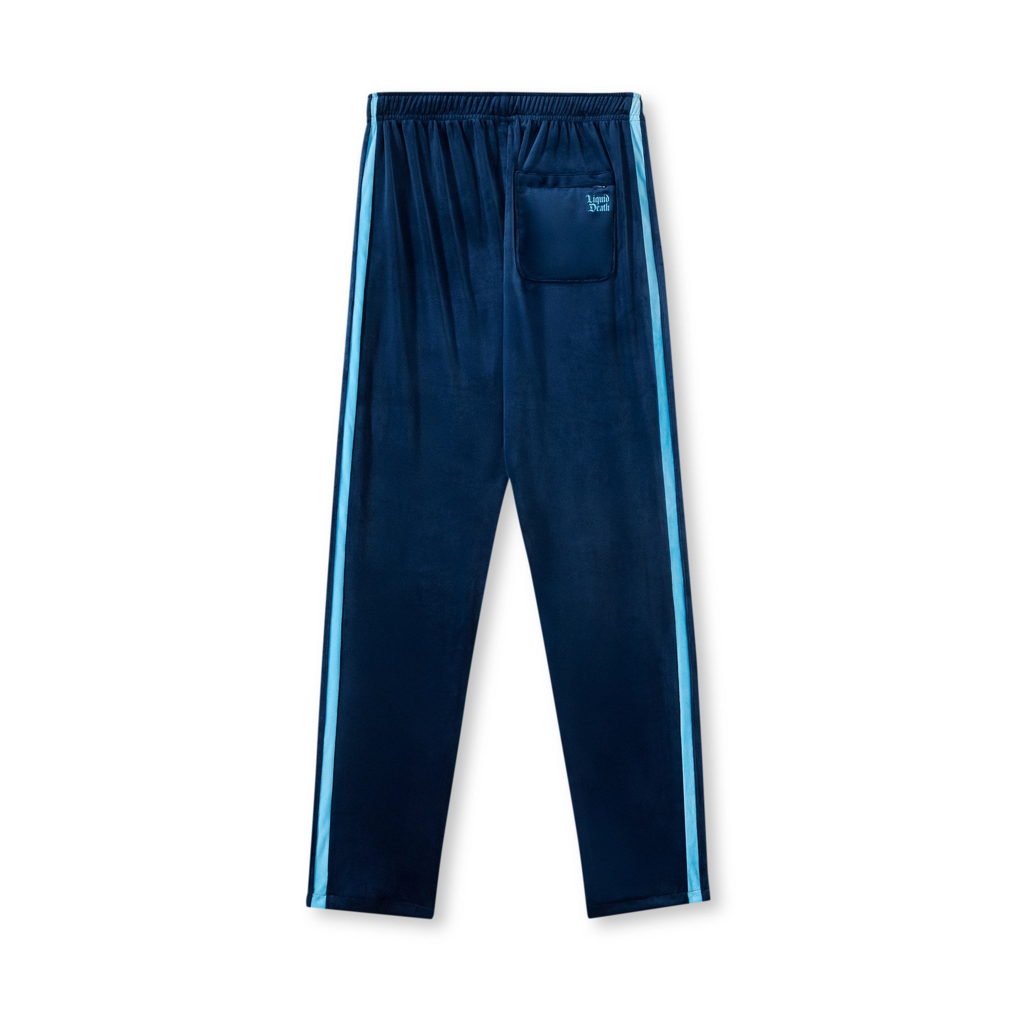 Navy blue pants with light blue stripes on a white background