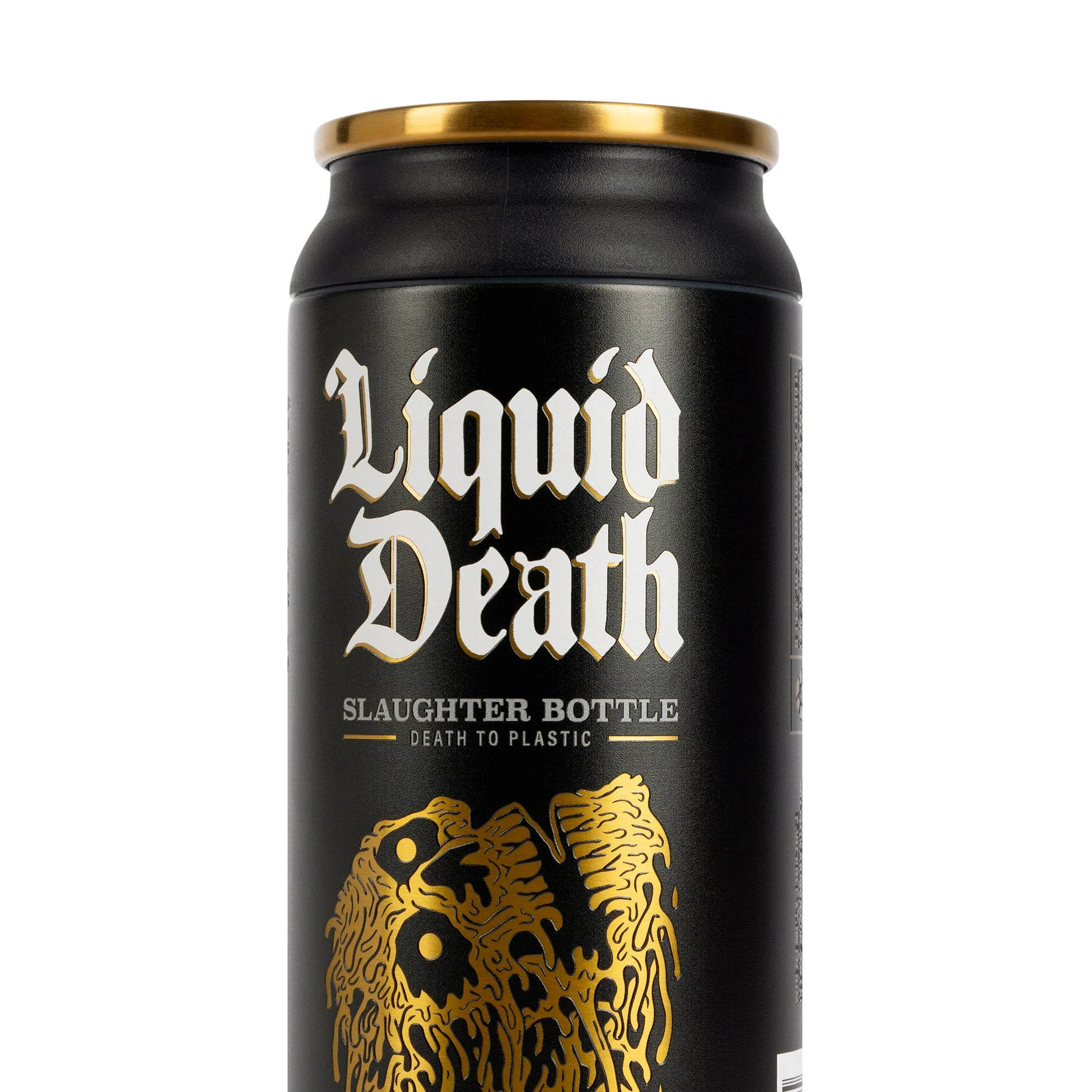 Liquid Death x Igloo Reusable Slaughter Bottle — Black/Gold — logo closeup