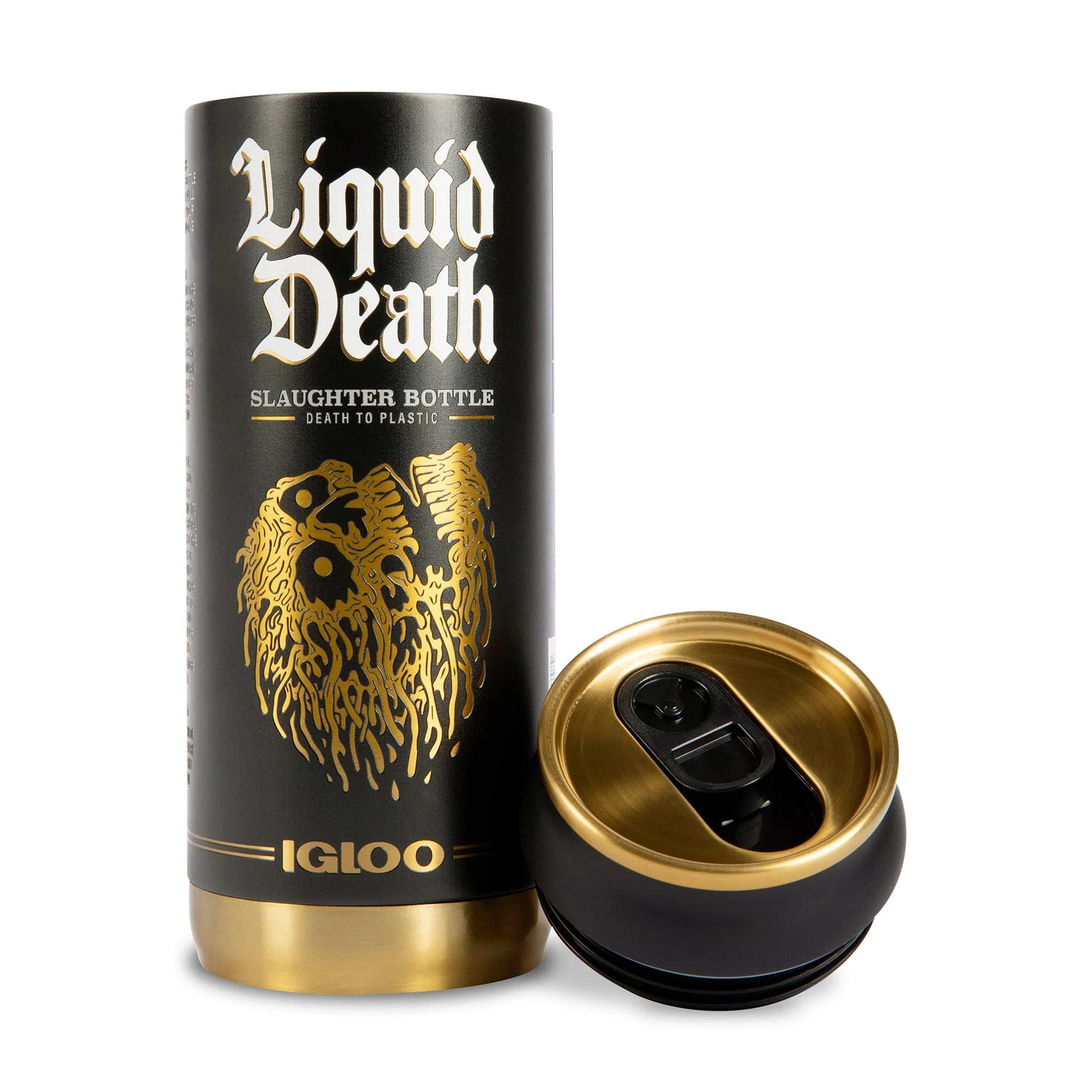 Liquid Death x Igloo Reusable Slaughter Bottle — Black/Gold — lid off