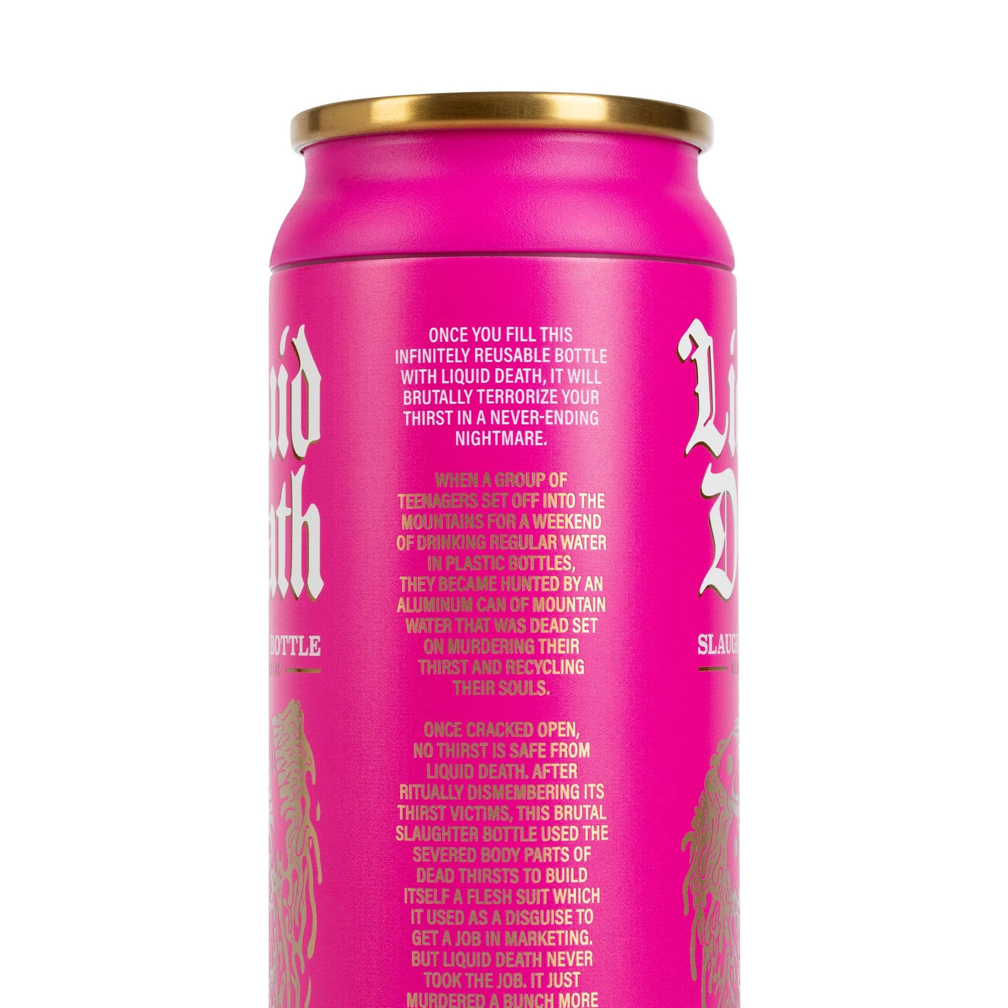 Liquid Death x Igloo Reusable Slaughter Bottle — Pink — side closeup