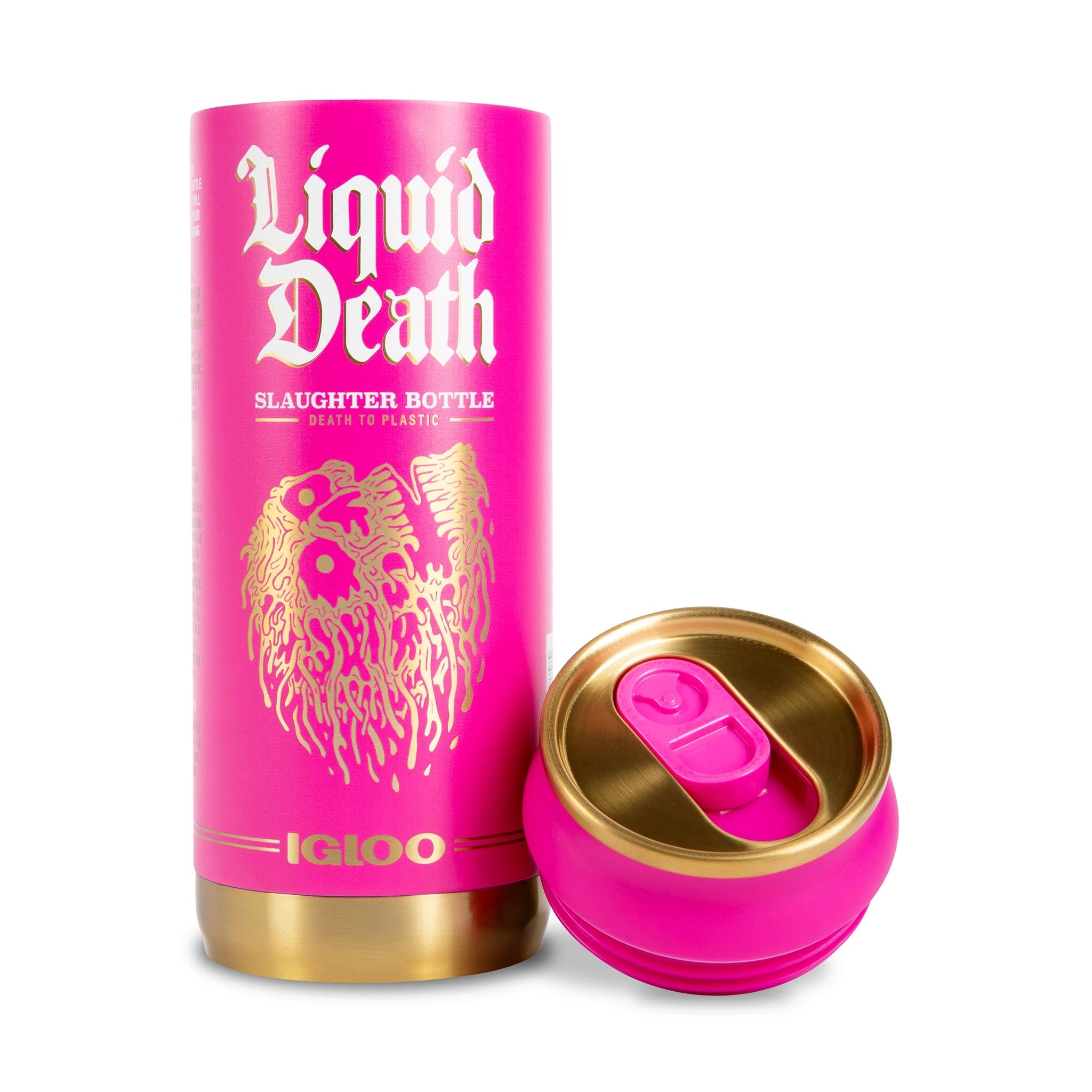 Liquid Death x Igloo Reusable Slaughter Bottle — Pink — lid off