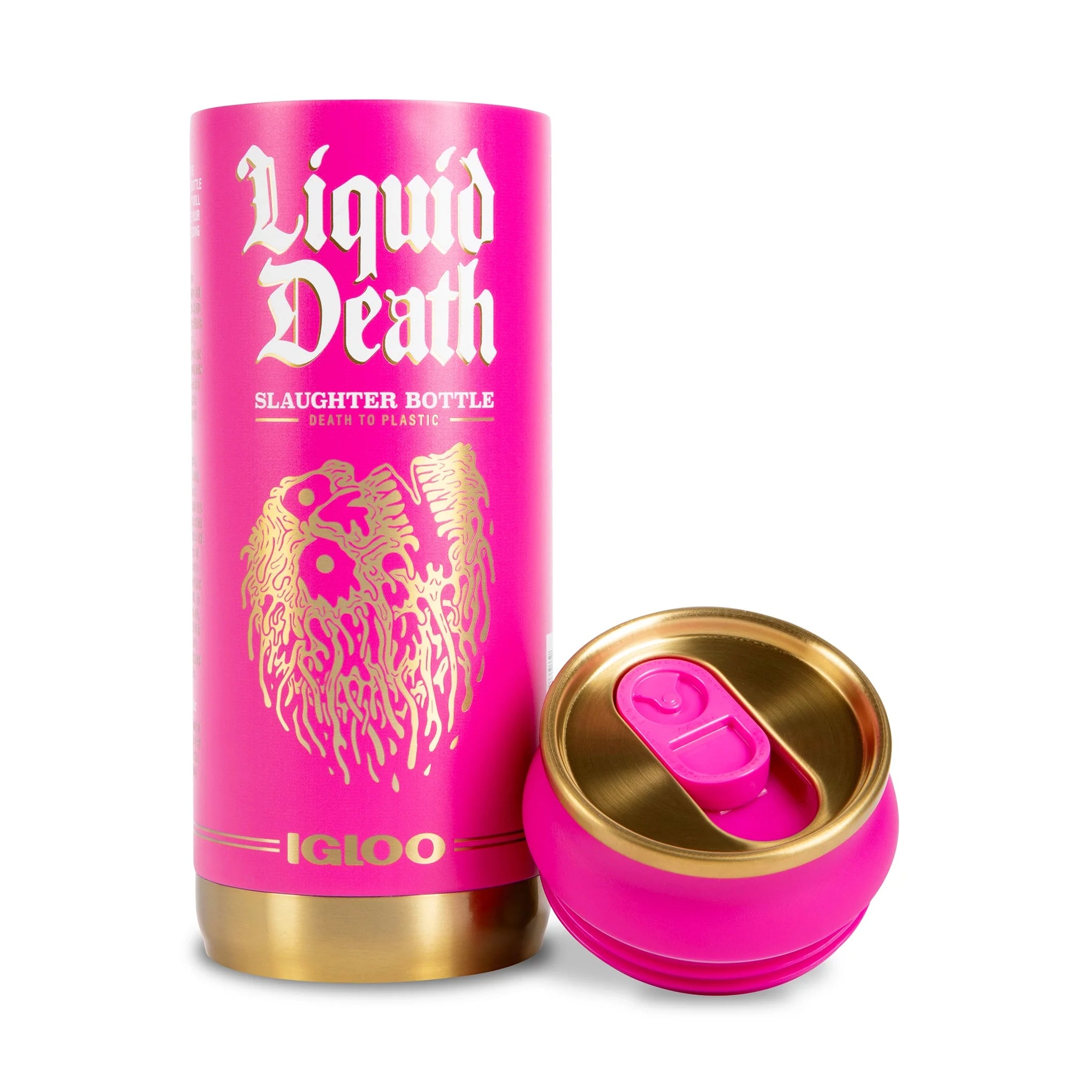 Liquid Death x Igloo Reusable Slaughter Bottle — Pink — lid off
