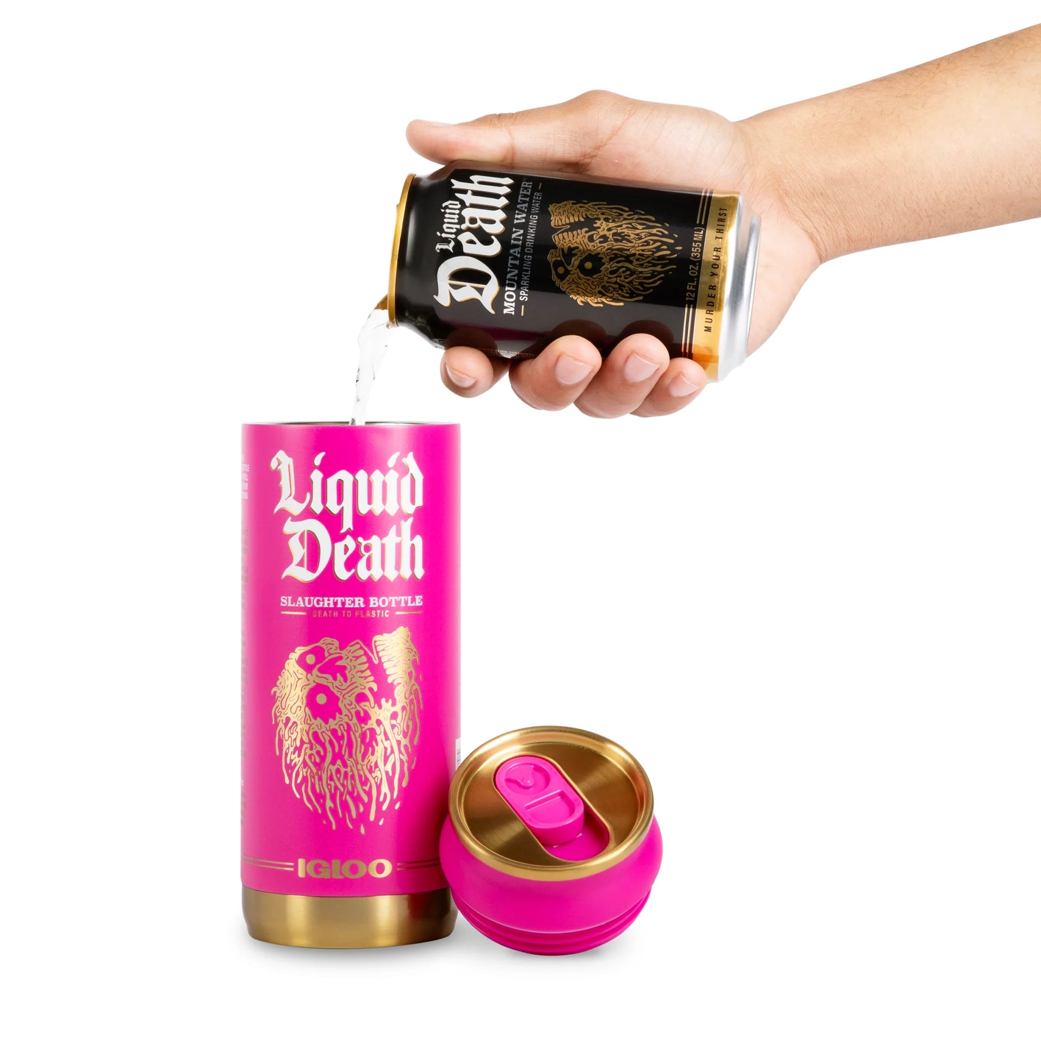 Liquid Death x Igloo Reusable Slaughter Bottle — Pink — pouring