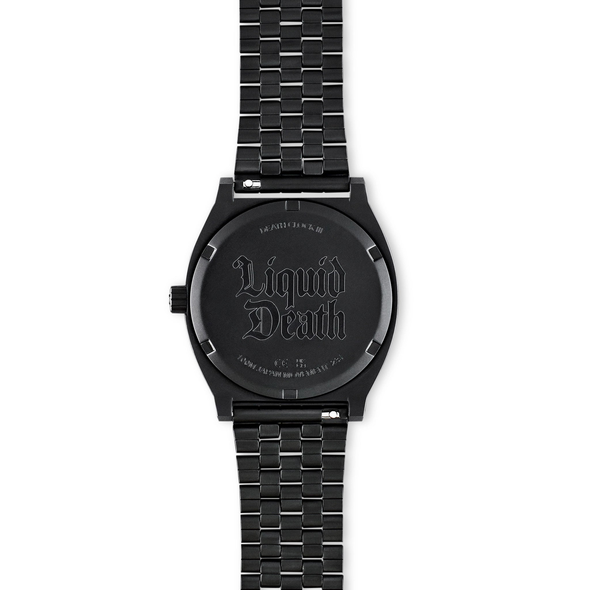 Black watch with 'Liquid Death' engraving on a white background