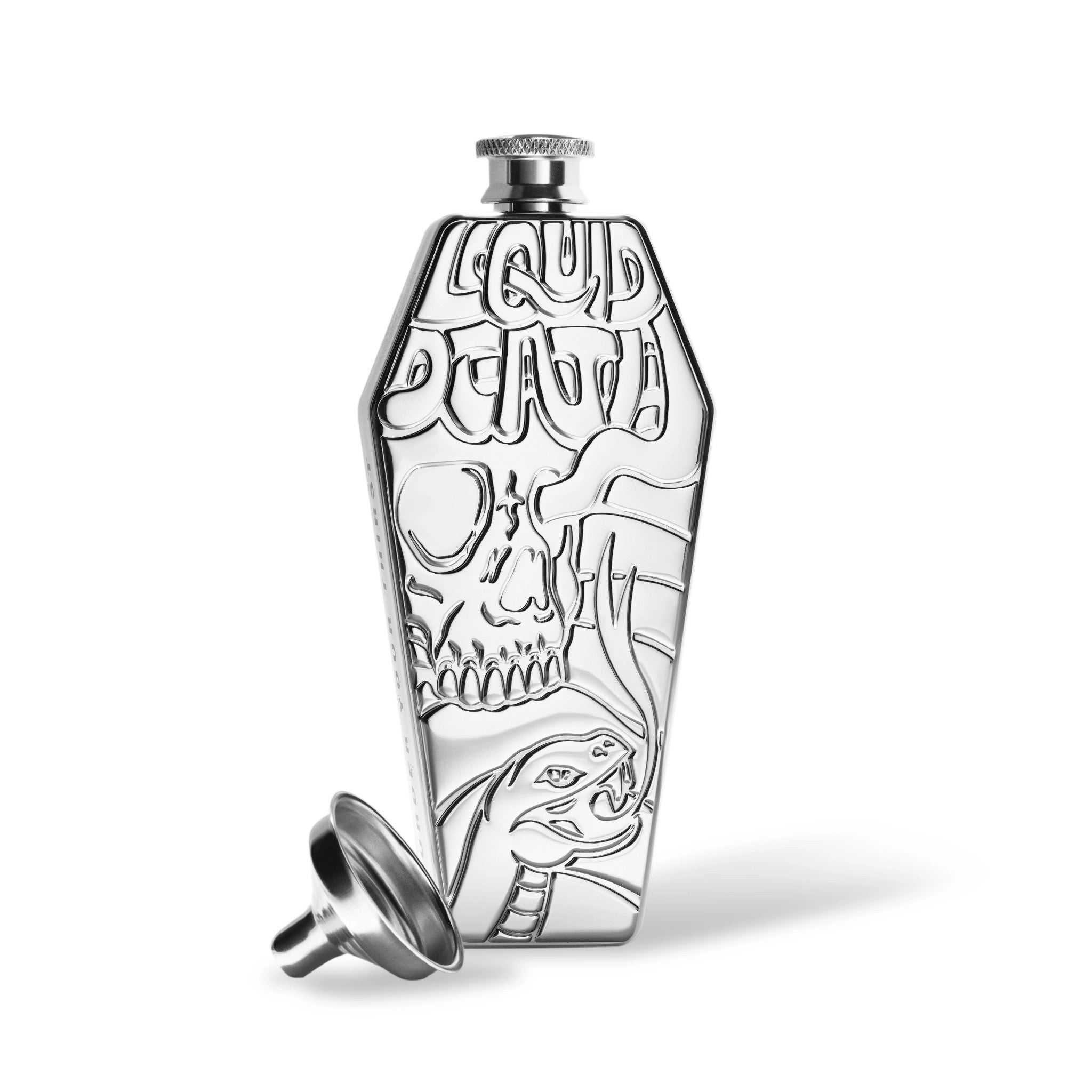 Decorative flask with skull design and 'Liquid Death' text on a white background