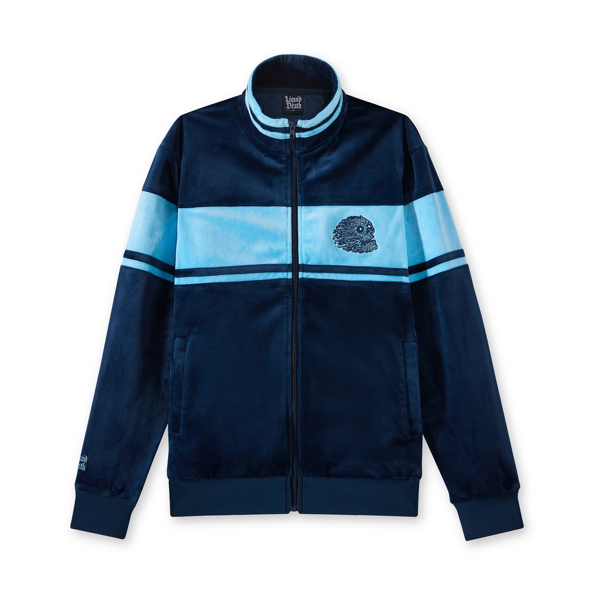 Navy blue jacket with light blue stripes on a white background