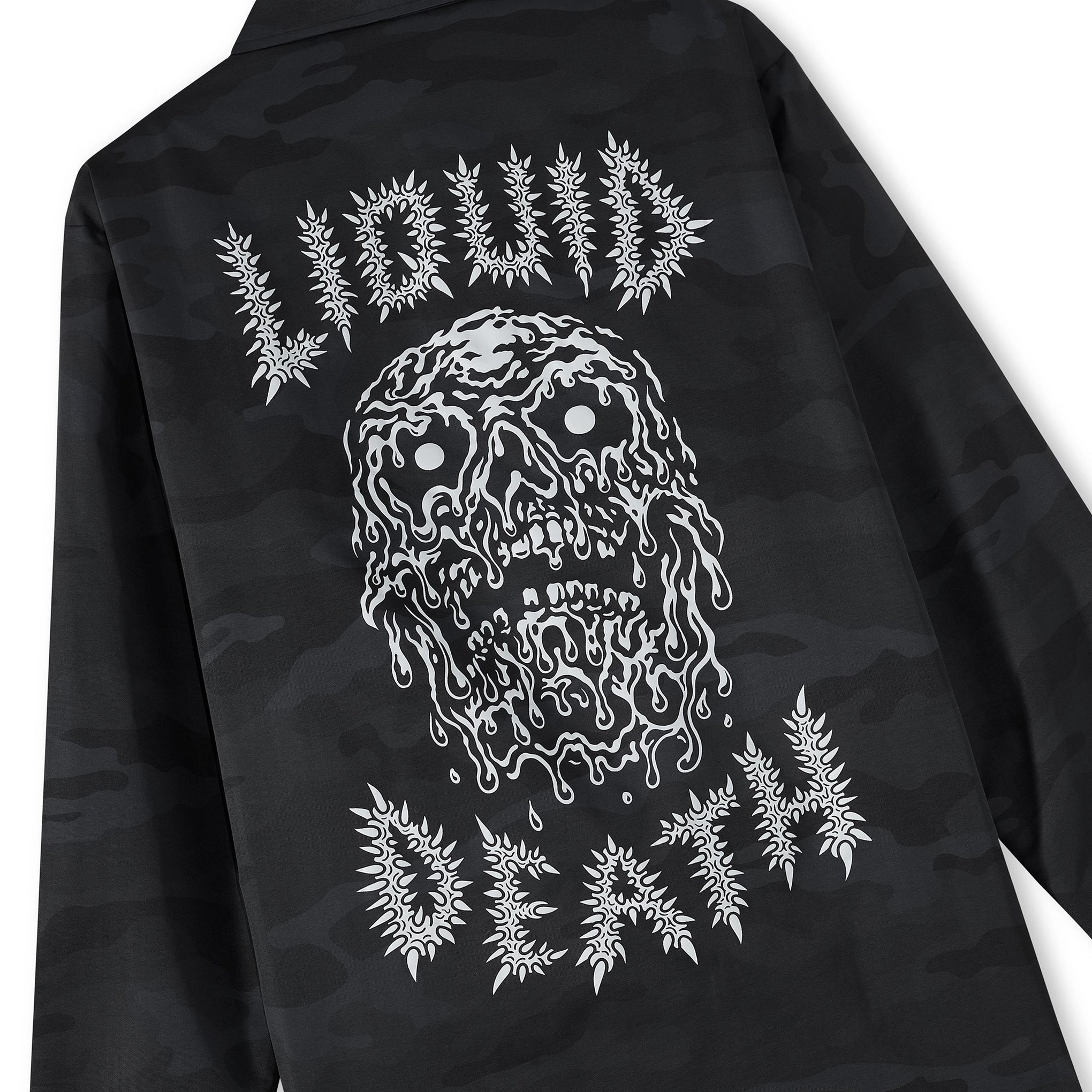 Black jacket with white graphic design and text on a white background