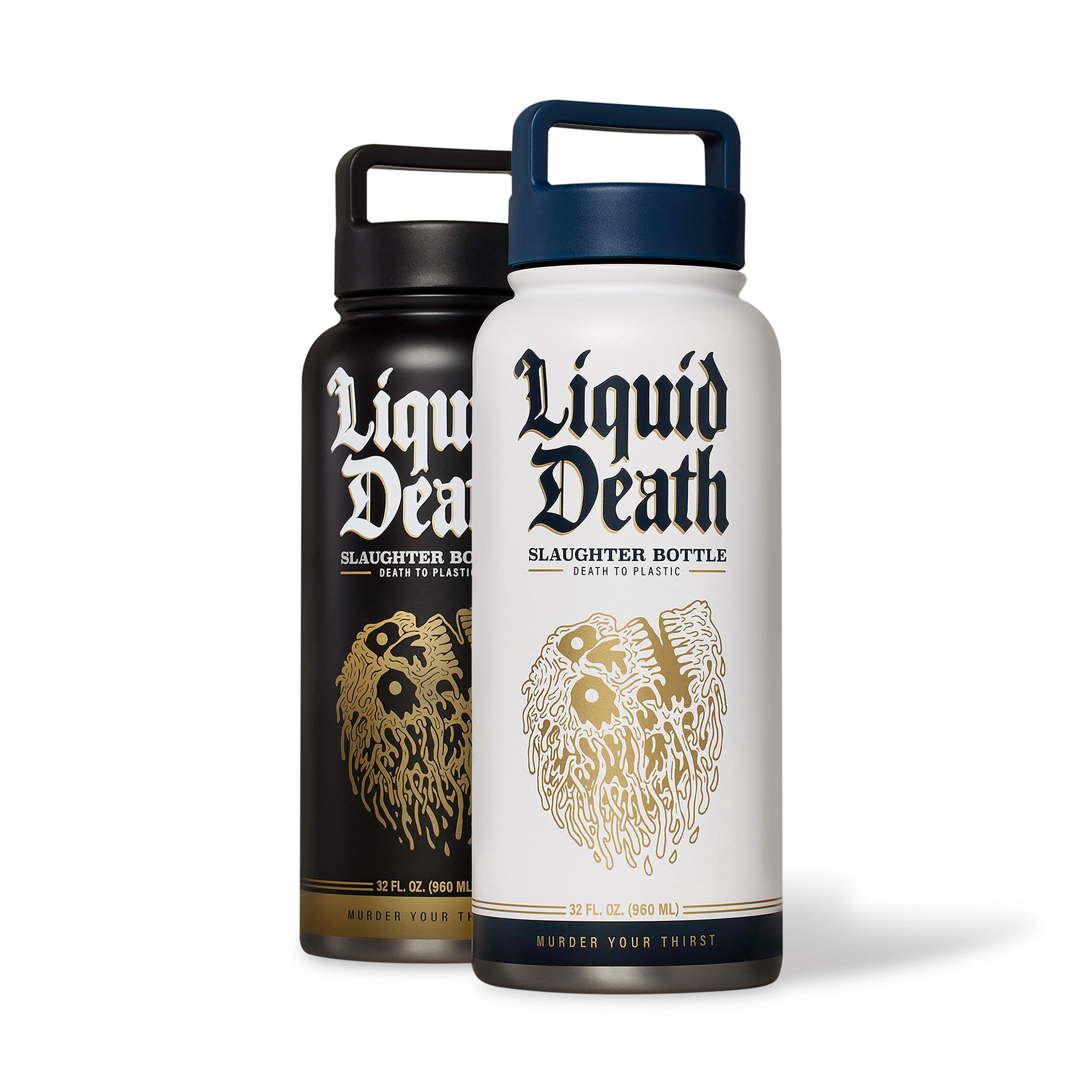 Two 'Liquid Death' bottles, one black and gold, one white and gold, on a white background.
