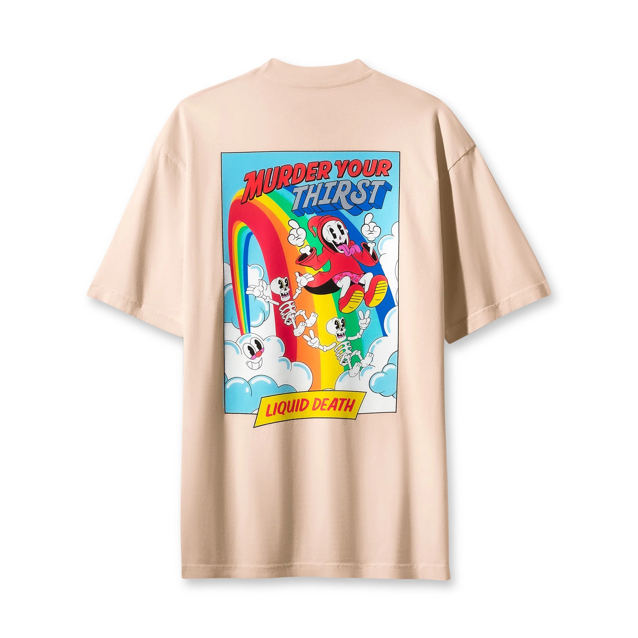 Beige t-shirt with colorful graphic design on a white background