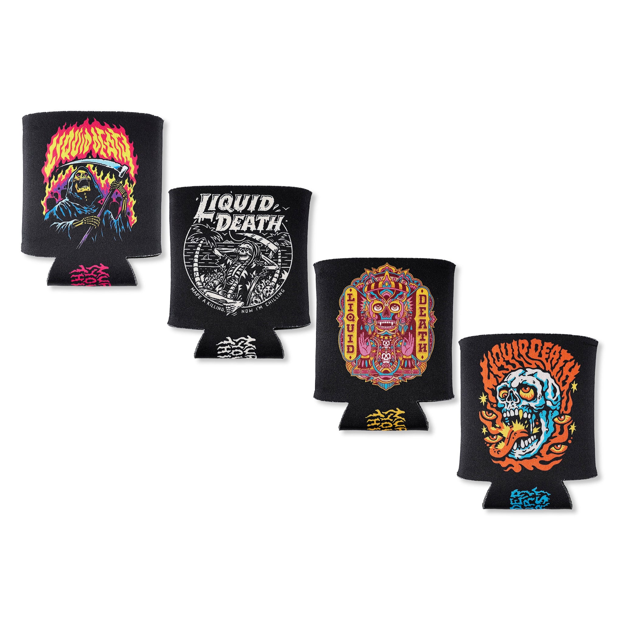 Four black can coolers with colorful designs on a white background
