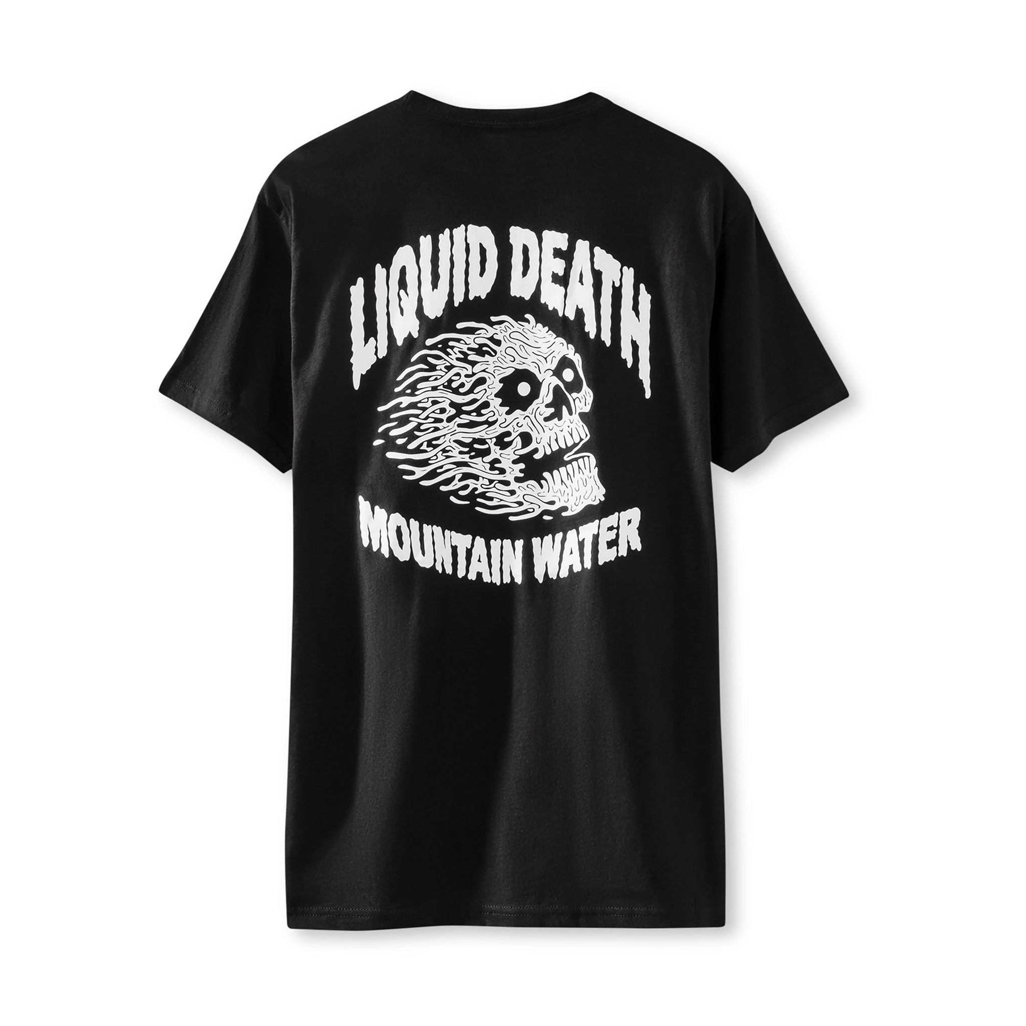 Black t-shirt with white graphic and text on a white background
