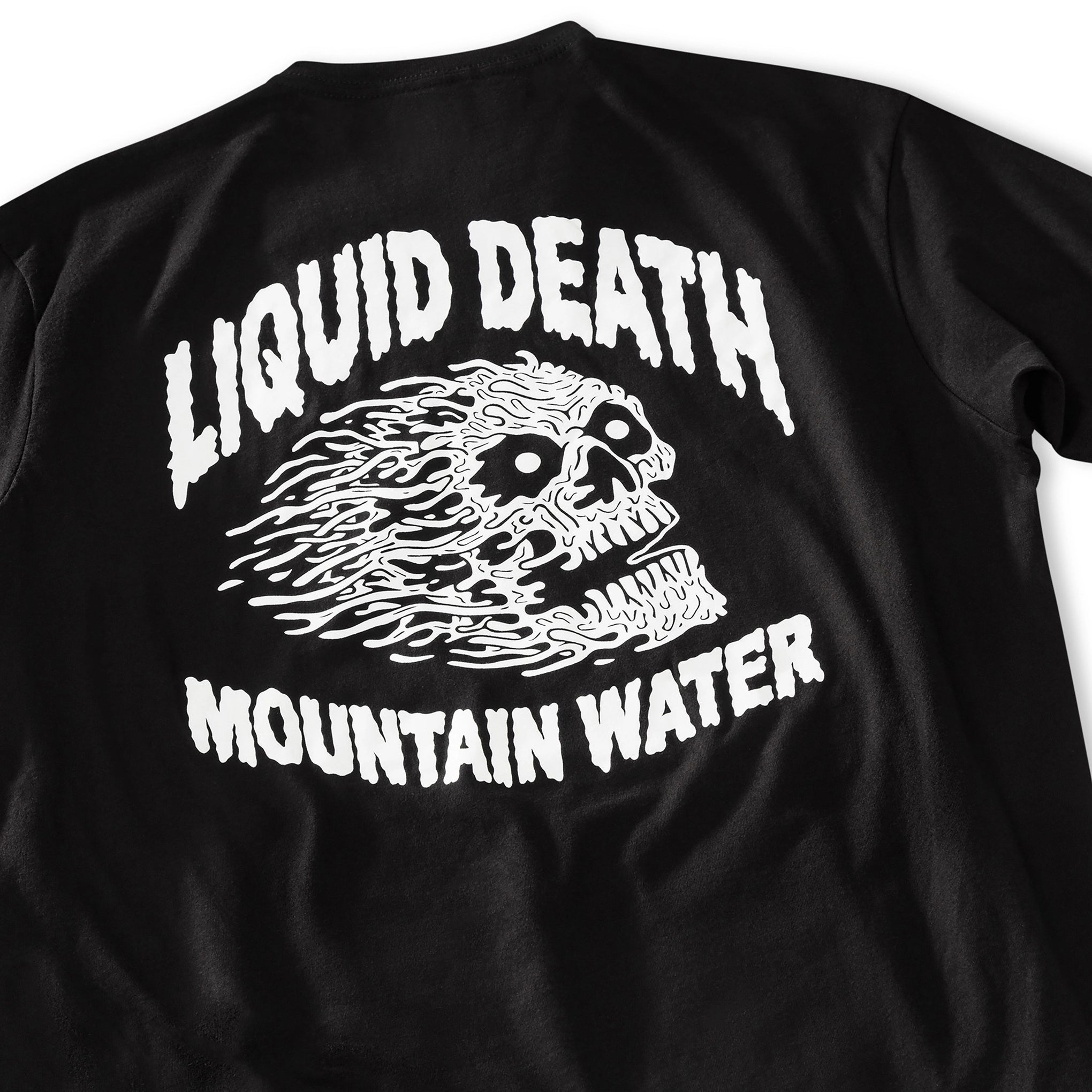 Black t-shirt with white graphic design and text on a white background