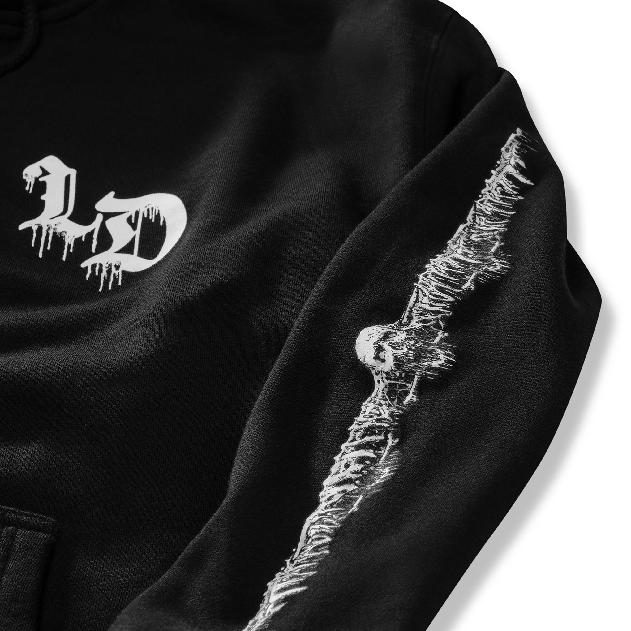 Black hoodie with white logo and design on sleeve