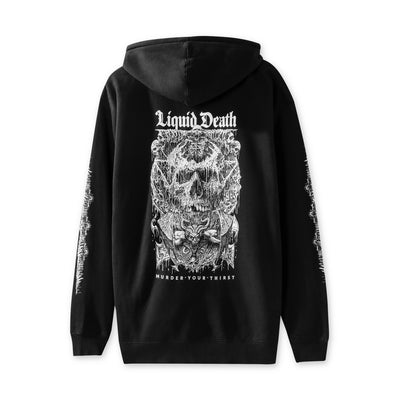 Black hoodie with white graphic design and text on a white background