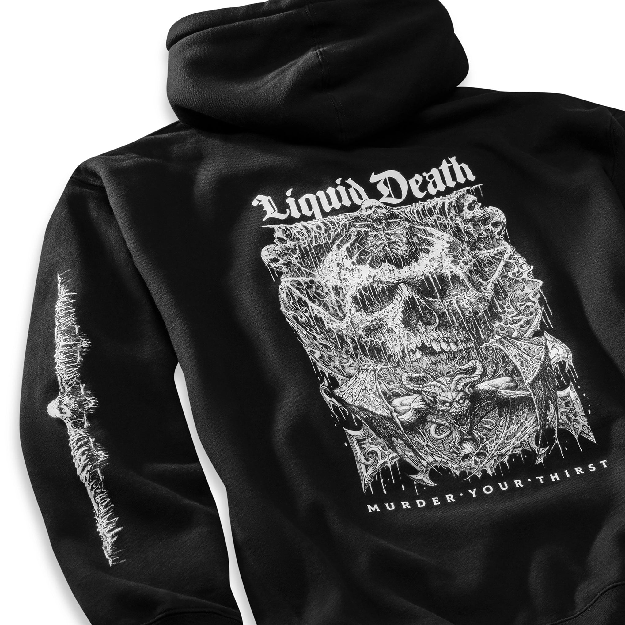 Black hoodie with graphic design and text on a white background