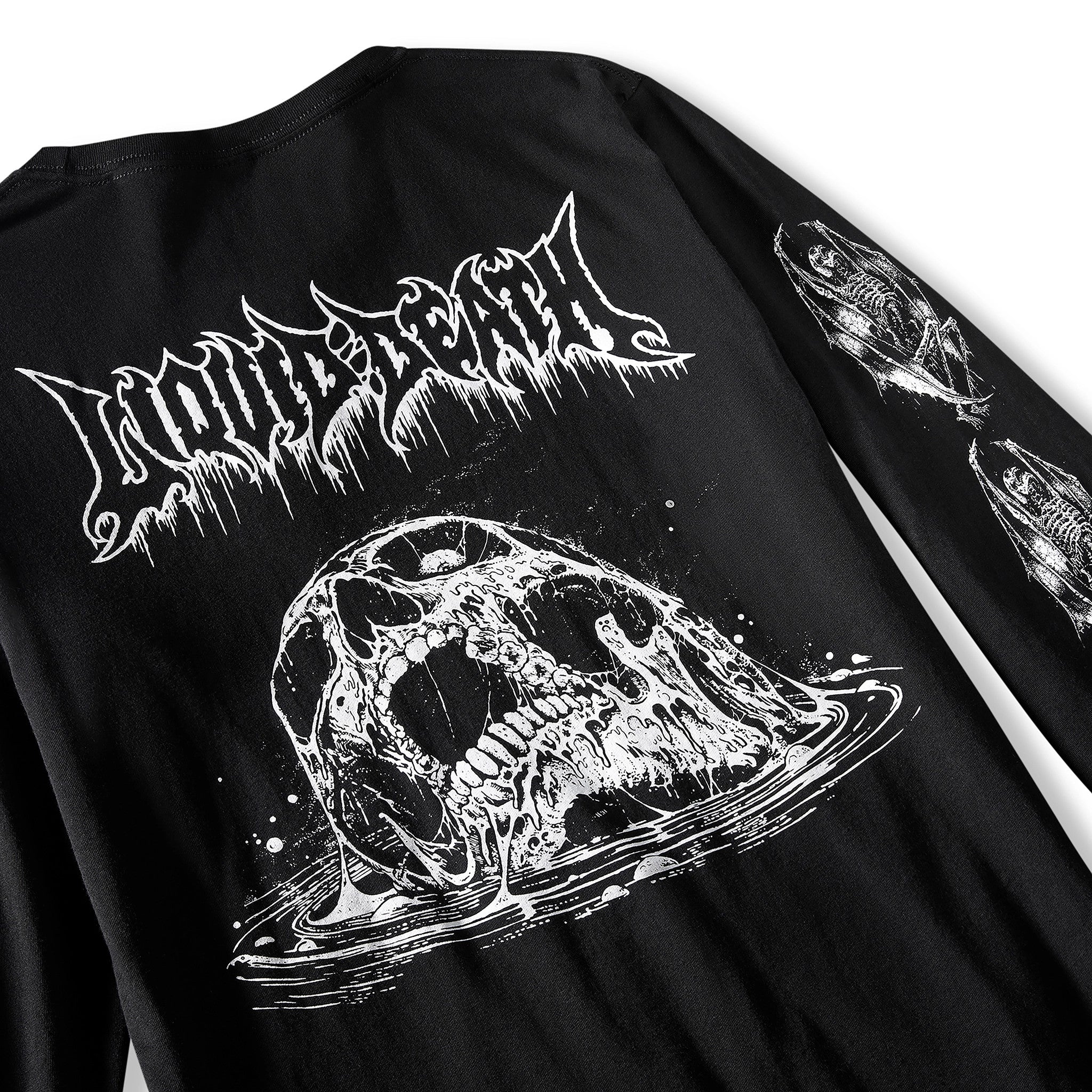 Black t-shirt with white graphic design of a skull and text on a white background