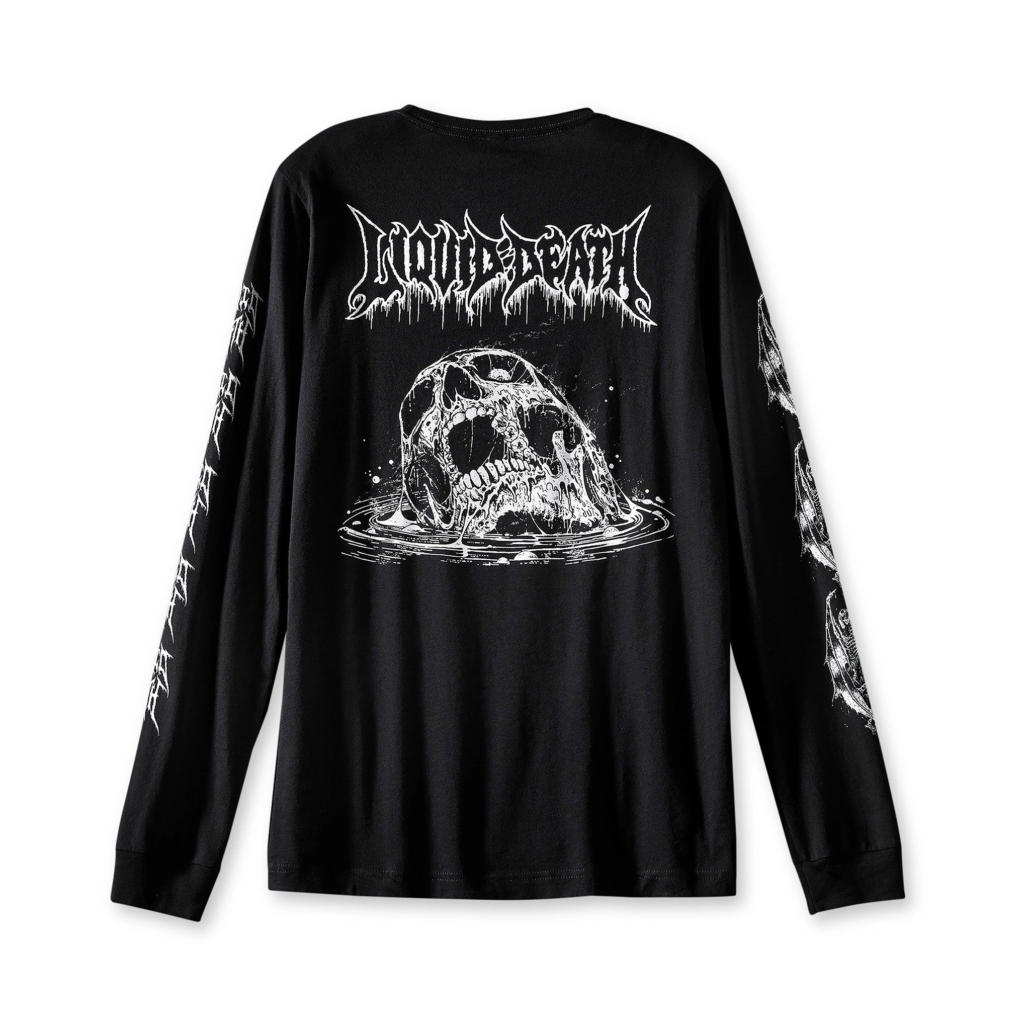 Black long-sleeve shirt with graphic design and text on a white background