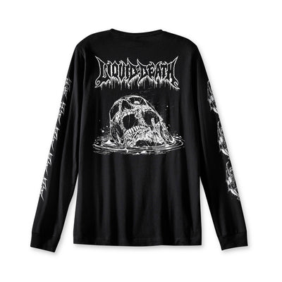 Black long-sleeve shirt with graphic design and text on a white background