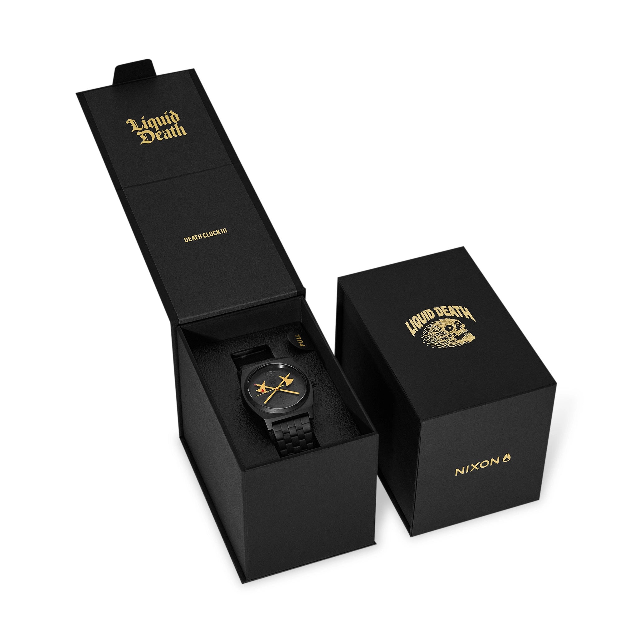 Black watch in an open black box with 'Liquid Death' branding, featuring the Nixon logo.